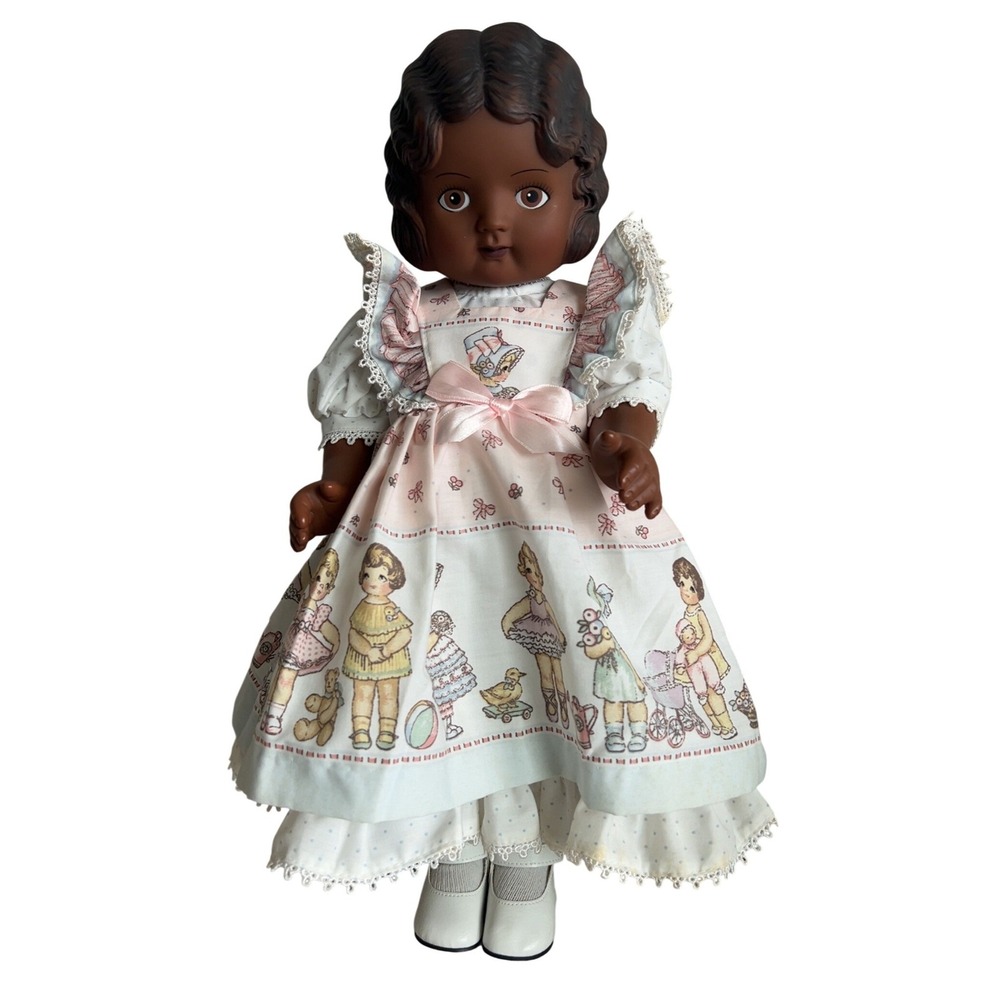 Vintage Daisy Kingdom Pansy Doll Dark Skin 18" Brown Hair & Eyes w/Dress & Apron